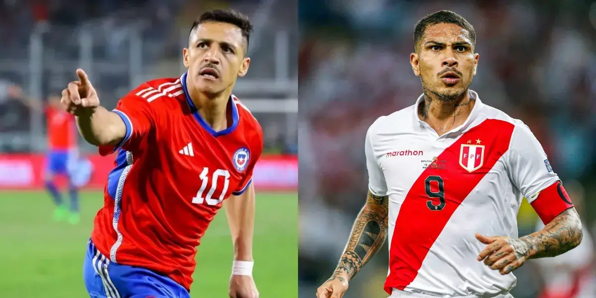 Alexis Sánchez (izquierda) y Paolo Guerrero (derecha) en acción durante un partido. Sánchez lleva la camiseta roja de la selección chilena con el número 10, mientras que Guerrero lleva la camiseta blanca con franja roja de la selección peruana con el número 9.